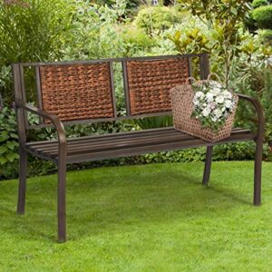 Giantex Patio Garden Bench Heavy-Duty Ergonomic Loveseat W/Powder Coated Steel Frame,Decorative Rattan Backrest & Curved Armrest for Outdoor Garden, Backyard, Lawn, Porch, Path Park Bench