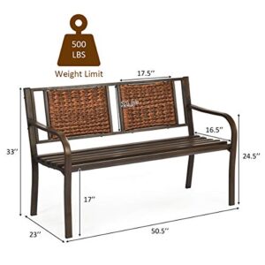 Giantex Patio Garden Bench Heavy-Duty Ergonomic Loveseat W/Powder Coated Steel Frame,Decorative Rattan Backrest & Curved Armrest for Outdoor Garden, Backyard, Lawn, Porch, Path Park Bench