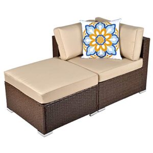 sunvivi outdoor 2-piece patio ottoman furniture set, all-weather pe wicker rattan outdoor daybed sofa set, patio couch with ottoman for balcony garden pool, brown