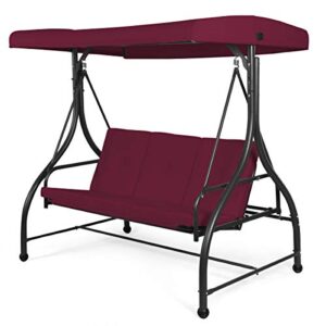 tangkula 3 seats converting patio swing, outdoor porch garden canopy swing with comfortable cushion seats & adjustable tilt canopy, heavy duty hammock 3 persons porch swing (wine)