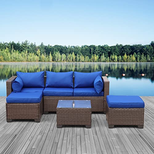 Outdoor Patio Brown Rattan Furniture Set 4 Piece PE Wicker Sectional Sofa Garden Couch with Royal Blue Cushion