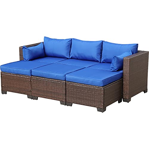 Outdoor Patio Brown Rattan Furniture Set 4 Piece PE Wicker Sectional Sofa Garden Couch with Royal Blue Cushion