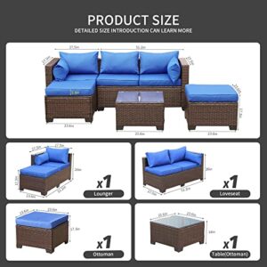 Outdoor Patio Brown Rattan Furniture Set 4 Piece PE Wicker Sectional Sofa Garden Couch with Royal Blue Cushion