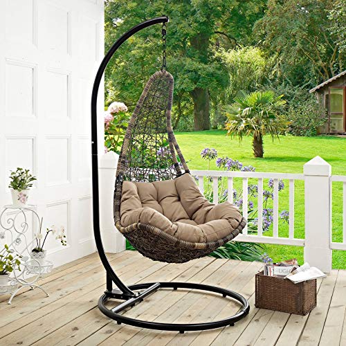 Modway Abate Wicker Rattan Outdoor Patio Porch Lounge Swing Chair Set with Stand in Black Mocha