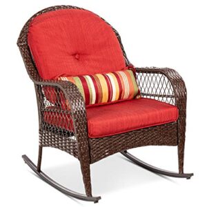 best choice products outdoor wicker patio rocking chair for porch, deck, poolside w/steel frame, weather-resistant cushions – red