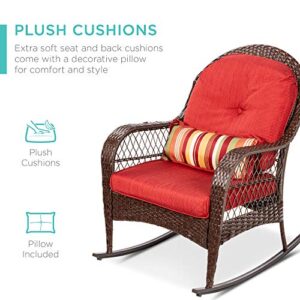 Best Choice Products Outdoor Wicker Patio Rocking Chair for Porch, Deck, Poolside w/Steel Frame, Weather-Resistant Cushions - Red