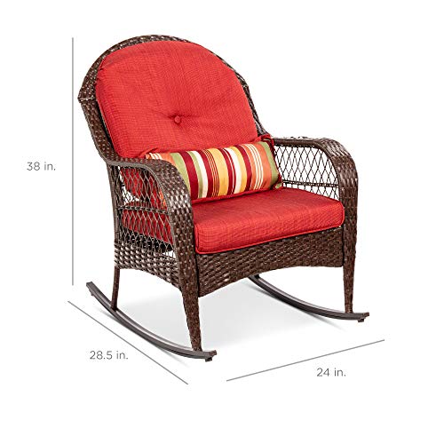 Best Choice Products Outdoor Wicker Patio Rocking Chair for Porch, Deck, Poolside w/Steel Frame, Weather-Resistant Cushions - Red