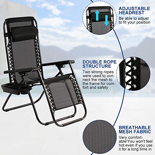 Dkeli Zero Gravity Chair Set of 2 Patio Folding Adjustable Zero Gravity Lounge Chair with Cup Holders Outdoor Recliner Camping Chair for Poolside Backyard Lawn Beach, Black