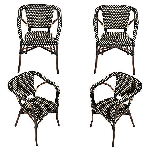 LUCKYERMORE Outdoor Rattan Wicker Chair Set of 4 Stackable Arm Chairs with Aluminum Frame Patio Dining Chair for Backyard Porch Garden, Black/Cream