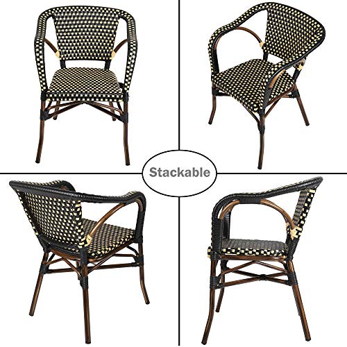 LUCKYERMORE Outdoor Rattan Wicker Chair Set of 4 Stackable Arm Chairs with Aluminum Frame Patio Dining Chair for Backyard Porch Garden, Black/Cream