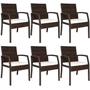 tangkula set of 6 outdoor dining chairs, patiojoy weather resistant pe rattan patio chairs with soft cushions and rustproof steel frame, outdoor wicker armchairs for garden, backyard and poolside
