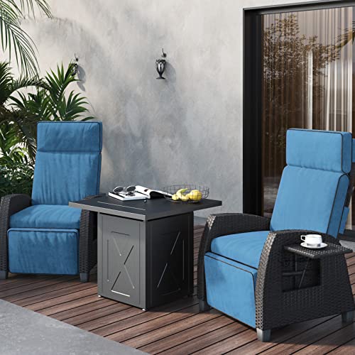 Grand patio Outdoor Furniture with Fire Pit Table Recliner Wicker Chairs 3 Pieces Reclining Chair for Patio Garden Backyard, Peacock Blue