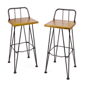 christopher knight home denali outdoor industrial acacia wood barstools with finished iron frame, 2-pcs set, teak finish / rustic metal