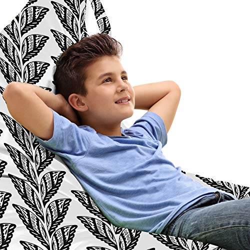 Ambesonne Leaves Lounger Chair Bag, Ornamental Style Ethnic Textured Leafage Motifs Floral Blossom of Season Design, High Capacity Storage with Handle Container, Lounger Size, Black and White