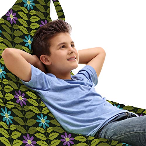 Ambesonne Flowers Lounger Chair Bag, Botanical Theme Blue and Purple Blossoms Motif Symmetrical Leaves, High Capacity Storage with Handle Container, Lounger Size, Charcoal Grey and Multicolor