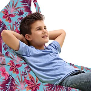 ambesonne summer lounger chair bag, hawaiian art jungle blossoms hibiscus tropical palm leaves aloha, high capacity storage with handle container, lounger size, dark magenta and sky blue