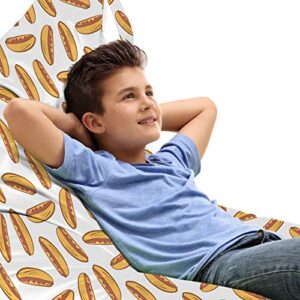 ambesonne mustard lounger chair bag, fast food themed cartoon sauced frankfurter hot dogs on plain backdrop, high capacity storage with handle container, lounger size, white and earth yellow