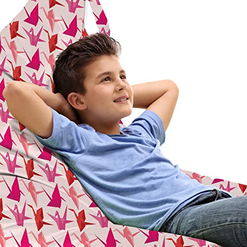 Lunarable Pink and Orange Lounger Chair Bag, Japanese Inspired Pattern of Cranes Graphics in Warm Tones, High Capacity Storage with Handle Container, Lounger Size, Pale Blue Multicolor
