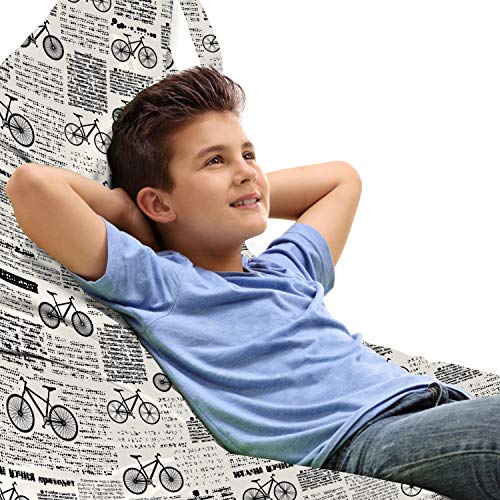 Lunarable Retro Lounger Chair Bag, Old Engraving Vintage Newspaper Design Repetitive Bicycle Motifs, High Capacity Storage with Handle Container, Lounger Size, Off White and Charcoal Grey