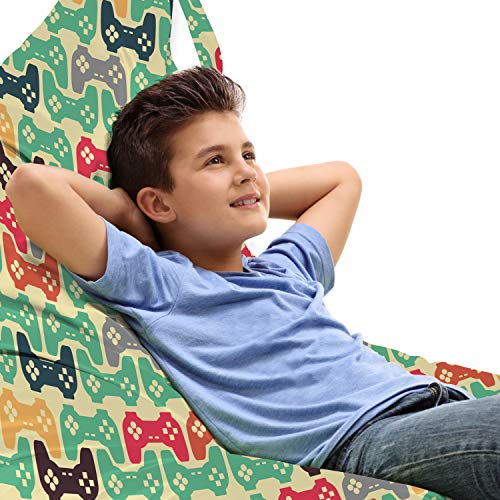 Lunarable Gamer Lounger Chair Bag, Digital Illustration of Retro Style Elements Game-pad Console Gadget Joystick, High Capacity Storage with Handle Container, Lounger Size, Beige Multicolor