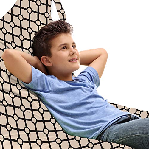 Lunarable Checkered Lounger Chair Bag, Retro Rhombus Square Tiles with Linked Little Circles Contenporary Mosaic, High Capacity Storage with Handle Container, Lounger Size, Black and Beige