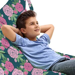 lunarable floral lounger chair bag, illustration of romantic blossoming roses with pistachio green tone leaves, high capacity storage with handle container, lounger size, dark teal and pink