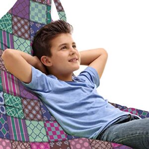lunarable geometric lounger chair bag, square mosaic tile patterns with polka dots checkered and floral motifs image, high capacity storage with handle container, lounger size, multicolor
