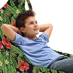 ambesonne tropical lounger chair bag, pastel hibiscus bouquets with banana palm leaves plumeria frangipani jungle, high capacity storage with handle container, lounger size, red lime green