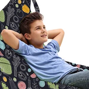 lunarable vegetable lounger chair bag, line art style food pattern with pepper tomato radish lettuce, high capacity storage with handle container, lounger size, charcoal grey and multicolor