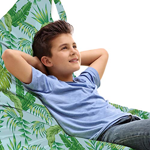 Lunarable Blue Green Lounger Chair Bag, Tropical Illustration of Exotic Leaves Island Hawaiian Plantation, High Capacity Storage with Handle Container, Lounger Size, Pale Blue and Fern Green