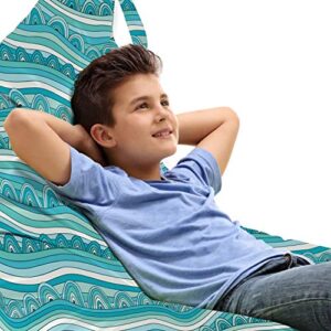 lunarable blue and white lounger chair bag, hand-drawn style wave pattern sea inspired ocean ornament, high capacity storage with handle container, lounger size, pale blue turquoise