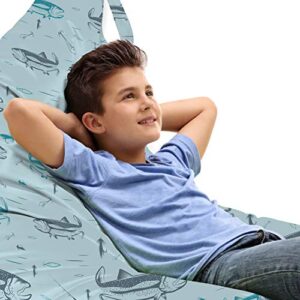 lunarable trout lounger chair bag, hand-drawn style pattern on the subject of fishing with baits, high capacity storage with handle container, lounger size, pale blue turquoise