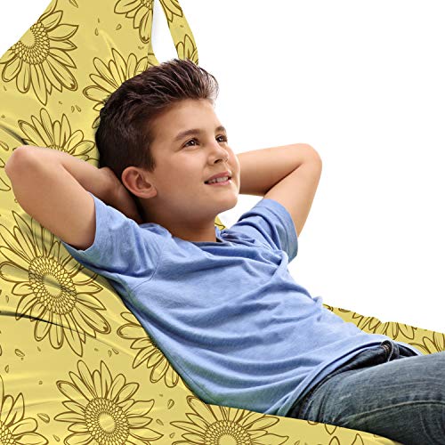 Lunarable Sunflower Lounger Chair Bag, Farmland Hand Drawn Flowers Agriculture Theme Ornamental Design, High Capacity Storage with Handle Container, Lounger Size, Pastel Yellow Pale Brown