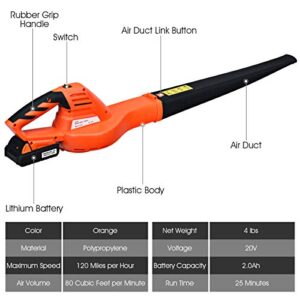 Goplus Cordless Leaf Blower, Rechargeable Leaf Sweeper w/Lithium Battery and Charger, Handheld 130MPH Output (Orange)