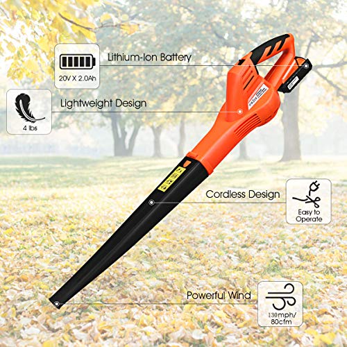 Goplus Cordless Leaf Blower, Rechargeable Leaf Sweeper w/Lithium Battery and Charger, Handheld 130MPH Output (Orange)