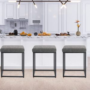 alpha home 24″ conter stools bar stools set of 3 with footrest pu leather backless kitchen island chair with thick cushion & sturdy chromed metal steel frame base,grey,3pcs.a36