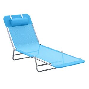 outsunny folding chaise lounge pool chairs, outdoor sun tanning chairs with pillow, reclining back, steel frame & breathable mesh for beach, yard, patio, blue