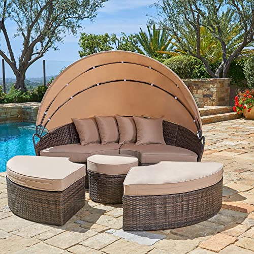 SUNCROWN Outdoor Patio Round Daybed with Retractable Canopy, Brown Wicker Furniture Sectional Couch with Washable Cushions, Backyard, Porch