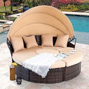 SUNCROWN Outdoor Patio Round Daybed with Retractable Canopy, Brown Wicker Furniture Sectional Couch with Washable Cushions, Backyard, Porch