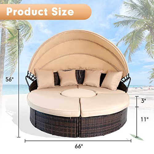 SUNCROWN Outdoor Patio Round Daybed with Retractable Canopy, Brown Wicker Furniture Sectional Couch with Washable Cushions, Backyard, Porch