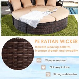 SUNCROWN Outdoor Patio Round Daybed with Retractable Canopy, Brown Wicker Furniture Sectional Couch with Washable Cushions, Backyard, Porch