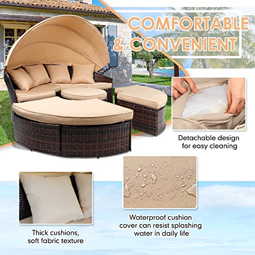 SUNCROWN Outdoor Patio Round Daybed with Retractable Canopy, Brown Wicker Furniture Sectional Couch with Washable Cushions, Backyard, Porch