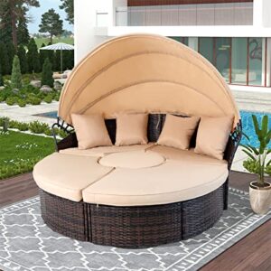 SUNCROWN Outdoor Patio Round Daybed with Retractable Canopy, Brown Wicker Furniture Sectional Couch with Washable Cushions, Backyard, Porch