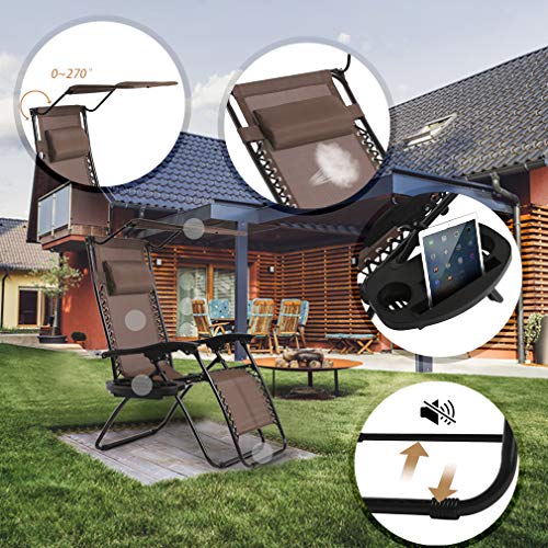 BestMassage Patio Chairs Lounge Chair Zero Gravity Chair 2 Pack Recliner W/Folding Canopy Shade and Cup Holder for Outdoor Funiture