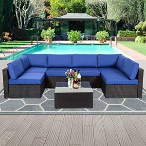 Peach Tree Outdoor Furniture All-Weather Sectional Wicker Sofa Set 7 PCs Patio Rattan Clearance with Washable Cushions and Coffee Table, Backyard, Pool