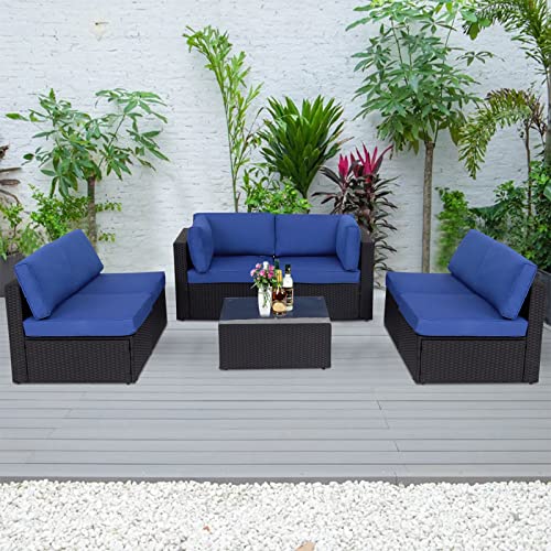 Peach Tree Outdoor Furniture All-Weather Sectional Wicker Sofa Set 7 PCs Patio Rattan Clearance with Washable Cushions and Coffee Table, Backyard, Pool