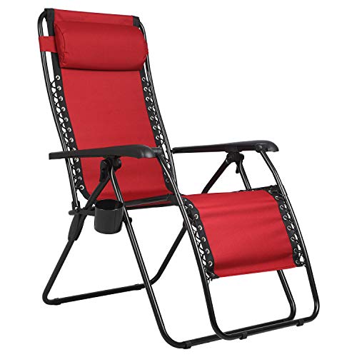 PORTAL Oversized Mesh Back Zero Gravity Reclining Patio Chairs, XL Padded Seat Folding Patio Lounge Chair with Adjustable Pillow and Cup Holder for Poolside Backyard Lawn, Support 350lbs, Red