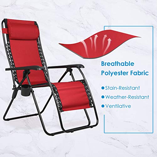 PORTAL Oversized Mesh Back Zero Gravity Reclining Patio Chairs, XL Padded Seat Folding Patio Lounge Chair with Adjustable Pillow and Cup Holder for Poolside Backyard Lawn, Support 350lbs, Red