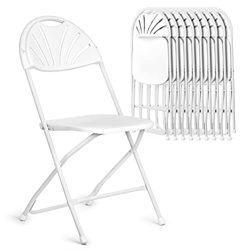 MoNiBloom White Plastic Folding Chair with Fan Back Stackable Lightweight Portable Commercial Outdoor Chair with Steel Frame for Events Dining Wedding Party Picnic Banquet, 10pcs