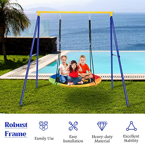 Costzon 550lbs Metal Swing Sets for Backyard, Heavy Duty Full Steel Swing Frame A-Frame Swing Stand All Weather w/Ground Stakes, Adjustable Ropes, Great Gift for Indoor Outdoor Kids and Adults